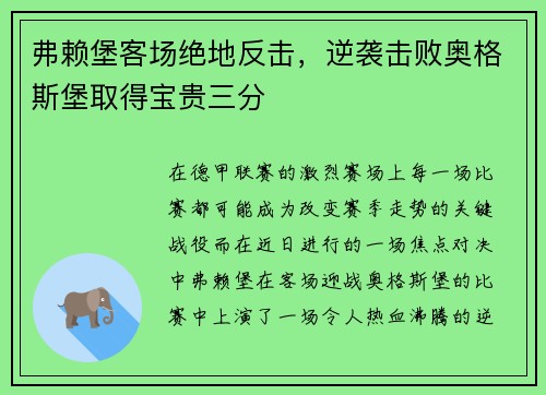 弗赖堡客场绝地反击，逆袭击败奥格斯堡取得宝贵三分