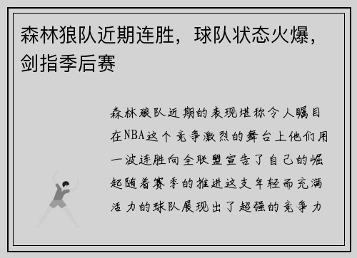 森林狼队近期连胜，球队状态火爆，剑指季后赛